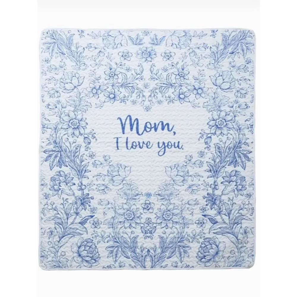 Mother's Day Quilted Throw Blanket Blue White Printed Lap Cover